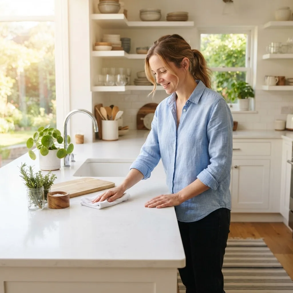 A bright, clean kitchen scene with natural morning light showing a tidy countertop, neatly wiped surfaces, and a person holding a cleaning