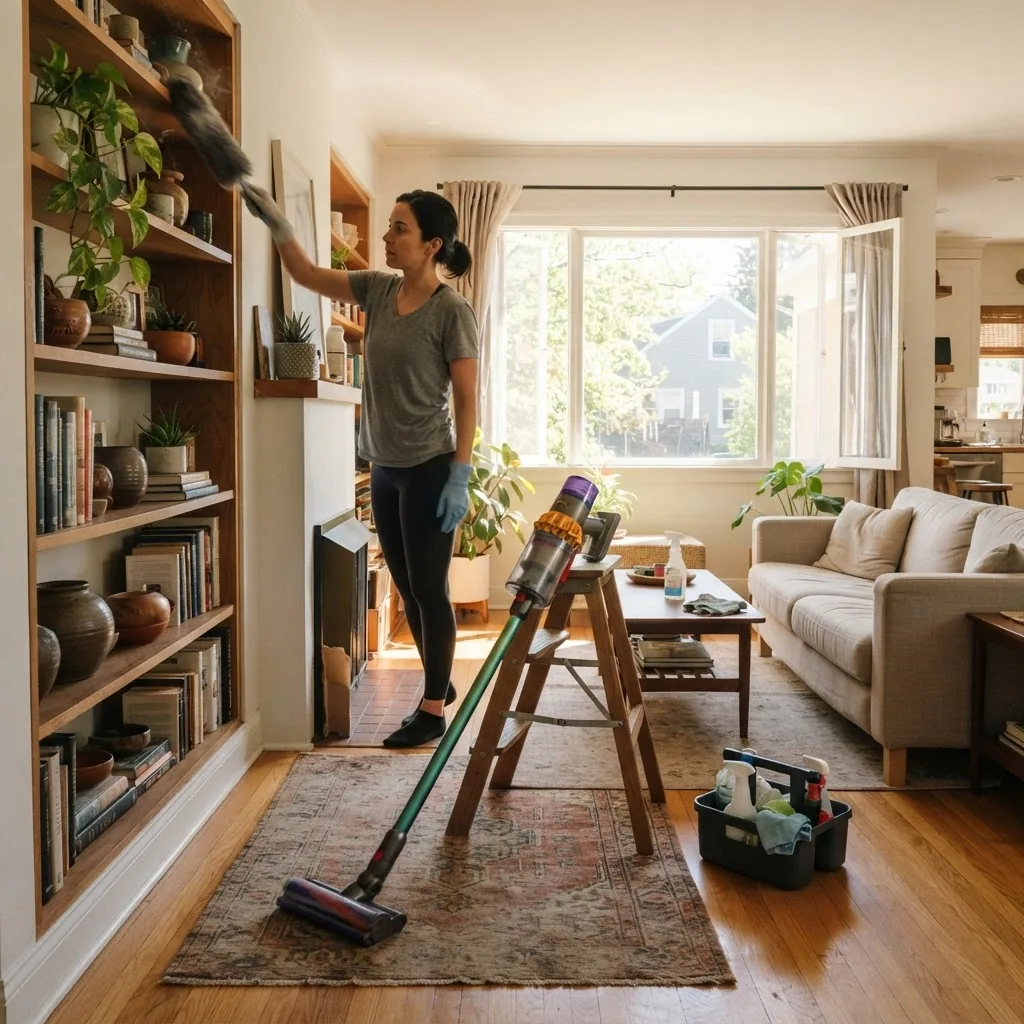 A well-lit living room with a person using a vacuum cleaner and dusting high shelves, windows open showing daylight, emphasizing deep