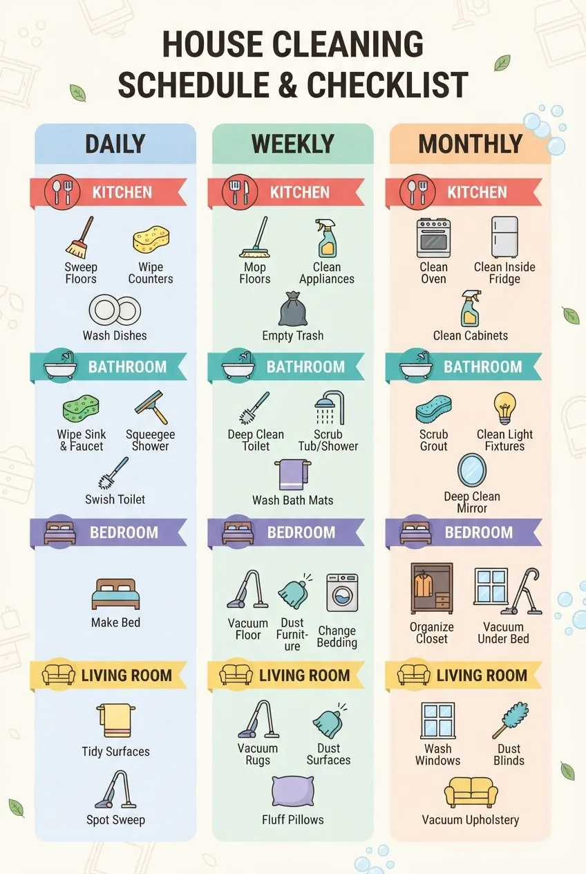 An infographic with three vertical columns labeled Daily, Weekly, Monthly; each column subdivided by rooms (Kitchen, Bathroom, Bedroom,