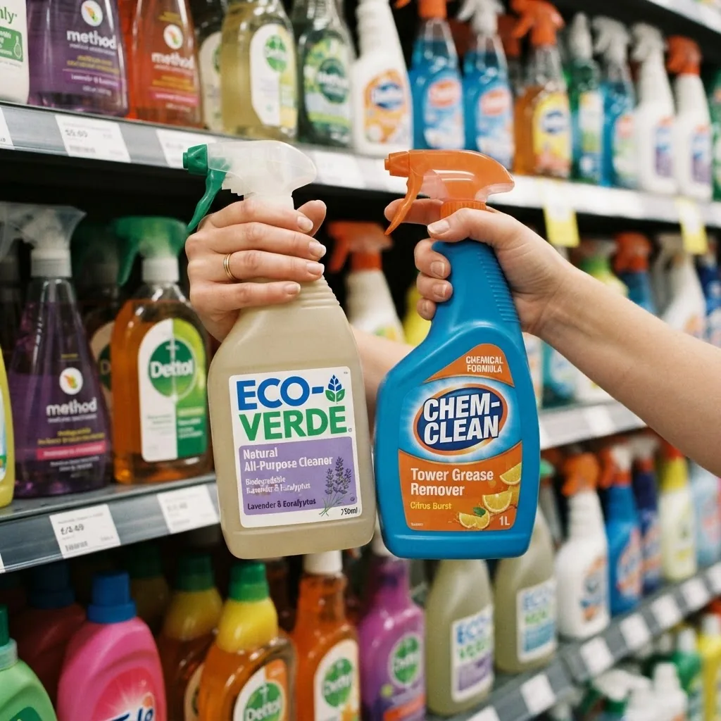 Close-up bright photo of a person’s hand comparing two different cleaning products on a home supplies shelf, one labeled natural and one