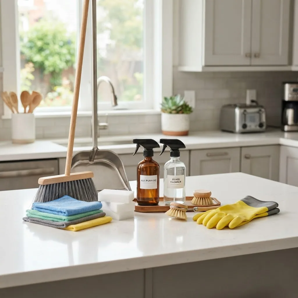 Bright well-lit photo of a neatly arranged collection of essential house cleaning tools including broom, dustpan, microfiber cloths, spray