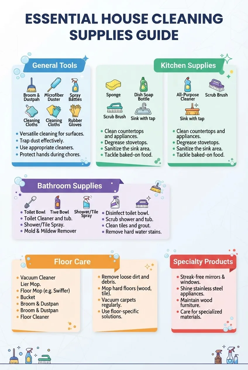 A multi-section infographic displaying categories of house cleaning supplies: General Tools, Kitchen Supplies, Bathroom Supplies, Floor