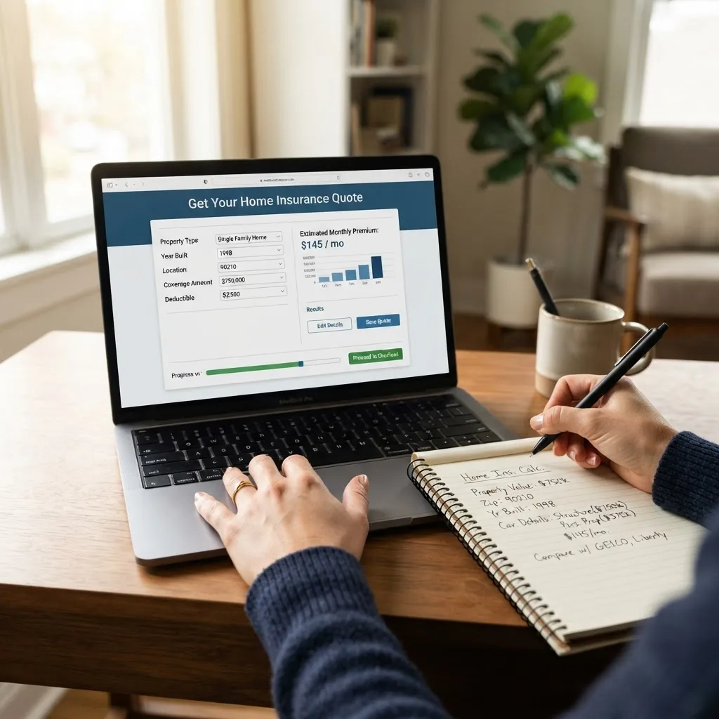 close-up of hands using a laptop showing a home insurance calculator interface, with a focused view on the screen and a notepad with