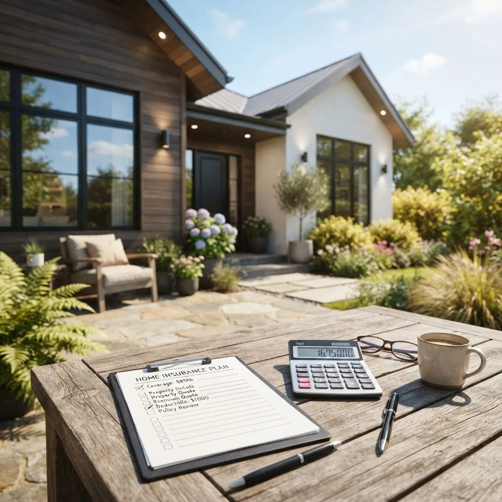 modern home exterior with a digital calculator, clipboard, and pen on a wooden table in natural daylight, illustrating home insurance