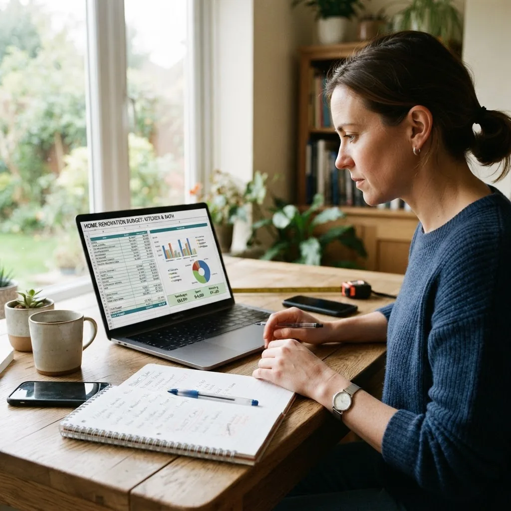 a homeowner reviewing a home renovation budget on a laptop with charts and notes on a desk, natural daylight from a nearby window,