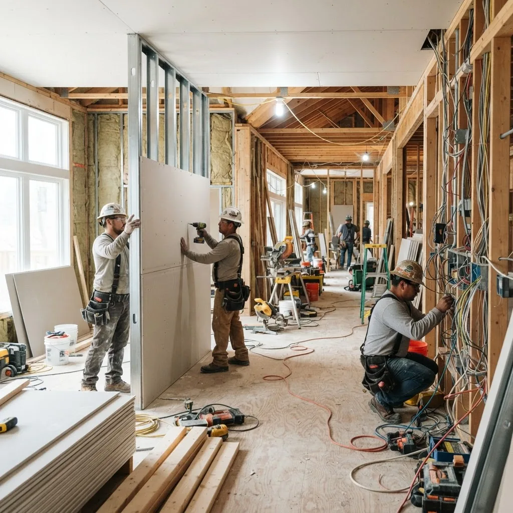 brightly lit interior construction site showing workers installing drywall and electricians wiring, with building materials stacked nearby,