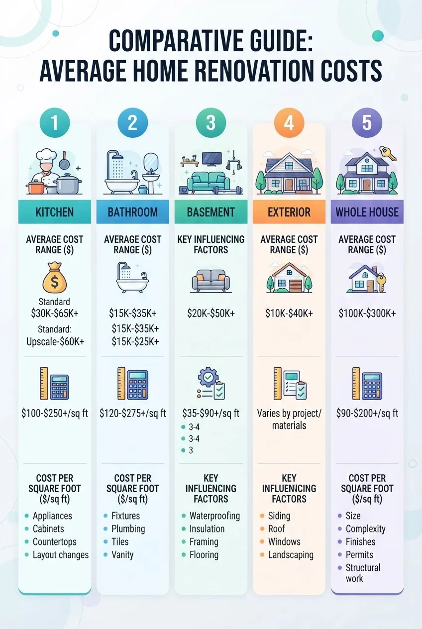 with five columns comparing average renovation costs for kitchen, bathroom, basement, exterior, and whole house; each column has icons