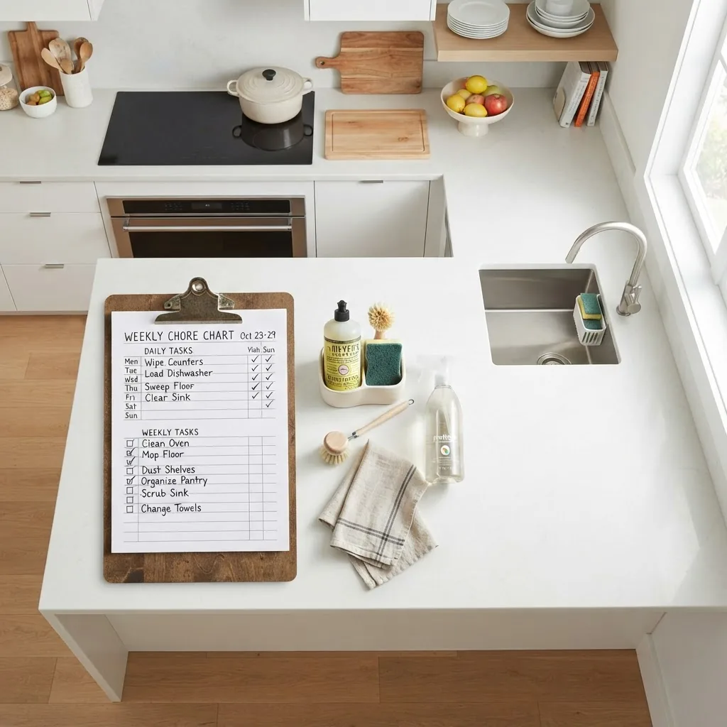a clean and tidy kitchen with a visible chore list on paper or tablet next to cleaning supplies, highlighting a daily and weekly schedule