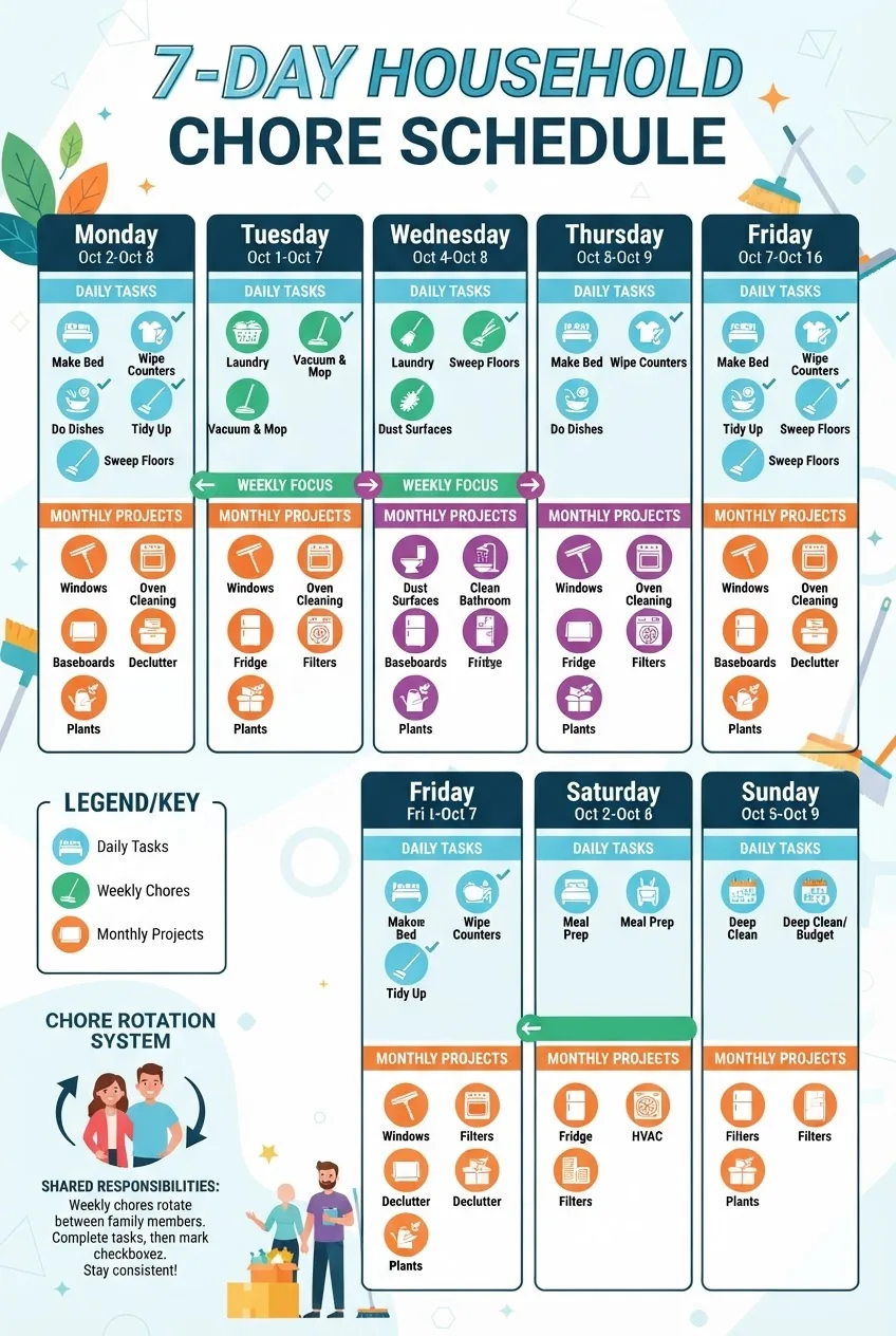 shows a seven-day household chore schedule with color-coded blocks for daily, weekly, and monthly tasks, including icons for different