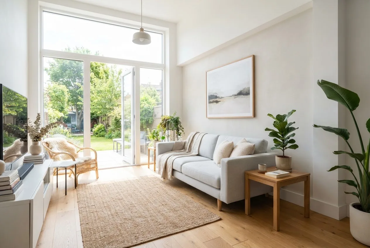 a bright, inviting living room with natural light, minimal clutter, a clean sofa with a small potted plant on a side table, viewed from a