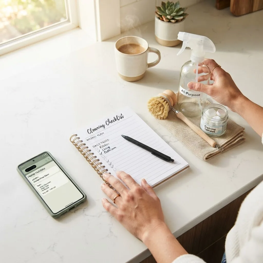 hands organizing a checklist planner and cleaning supplies on a clean kitchen counter, with a smartphone displaying a cleaning schedule app