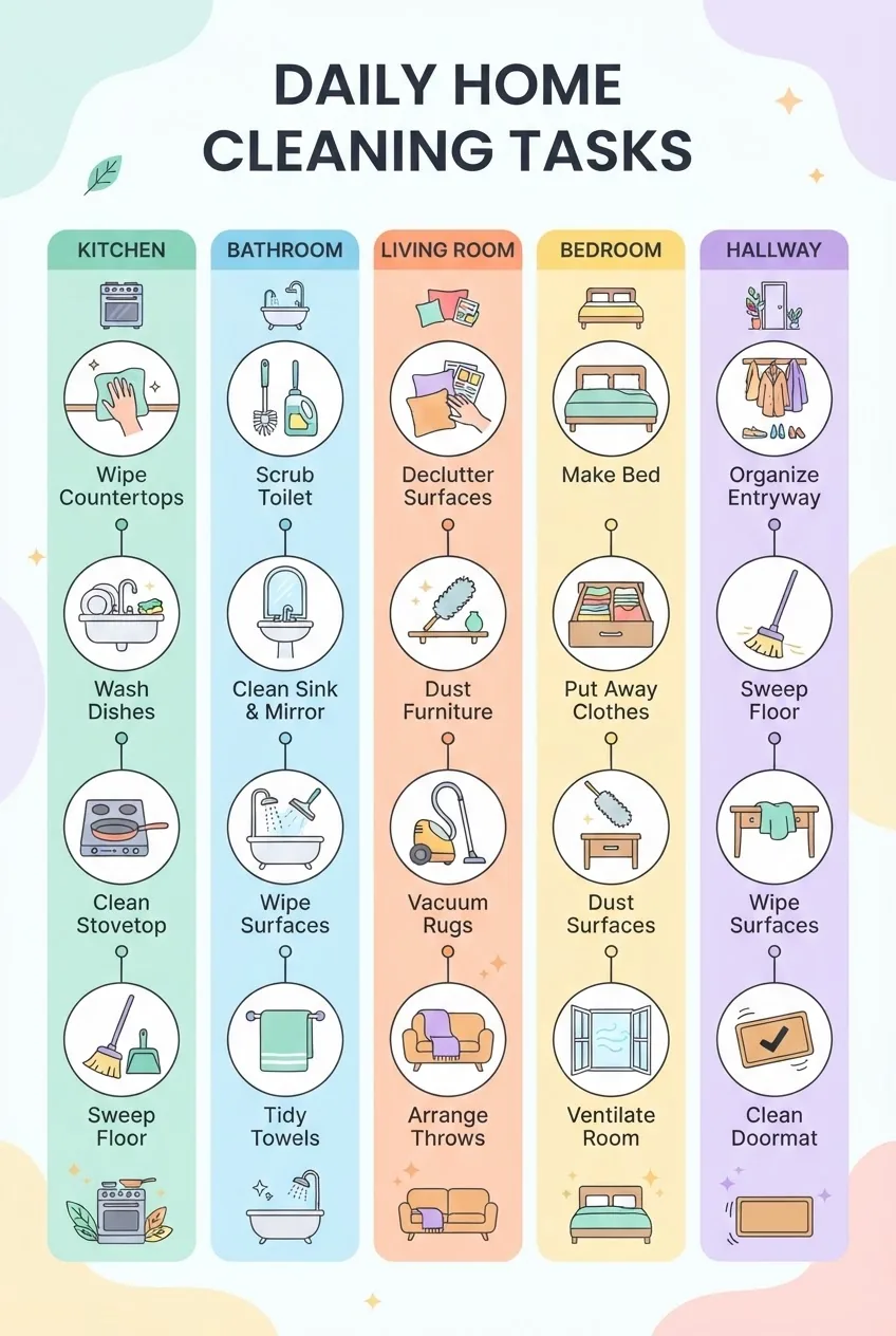 with five columns representing major rooms: kitchen, bathroom, living room, bedroom, and hallway; each column features 3-4 simple icons