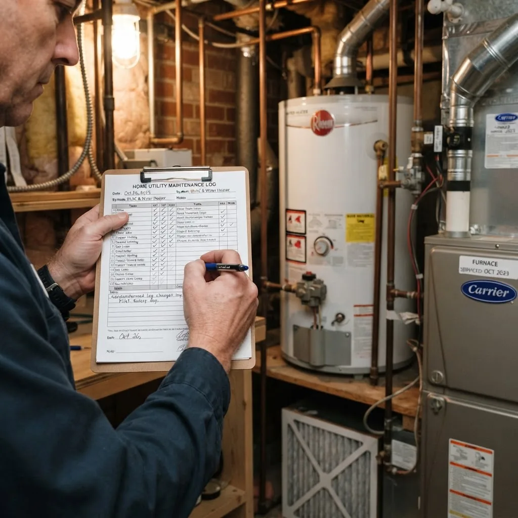 close-up of hands working with a detailed maintenance checklist next to a set of household machines (e.g., water heater and HVAC), indoor