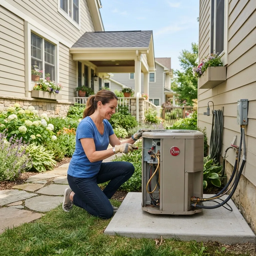 bright, inviting home exterior with a homeowner inspecting a central air conditioning unit, midday with natural light, conveying proactive