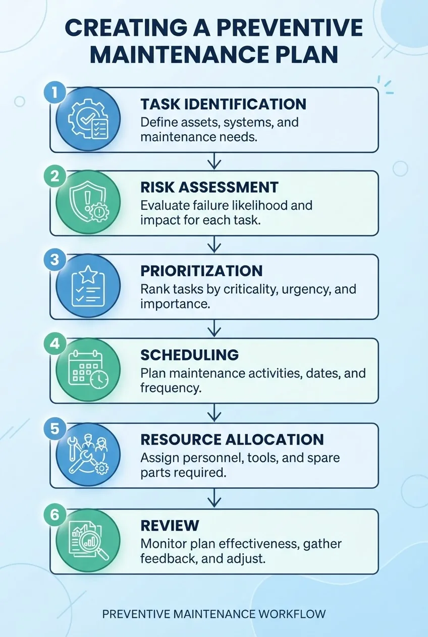 A clean infographic showing a 6-step flowchart for creating a preventive maintenance plan, each step with a simple icon (task