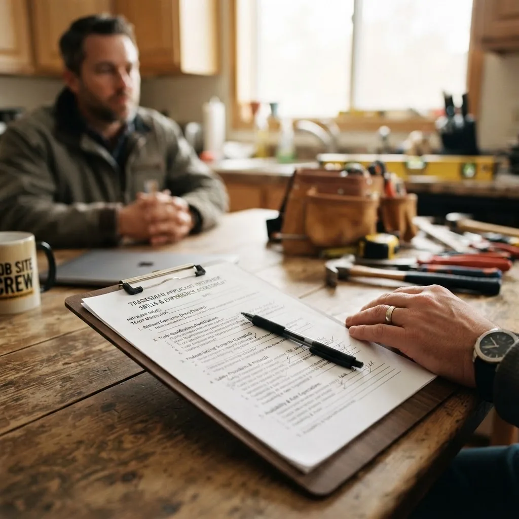 Close-up of a clipboard with interview questions and a pen resting on it, at a kitchen table with tools in the background indicating a