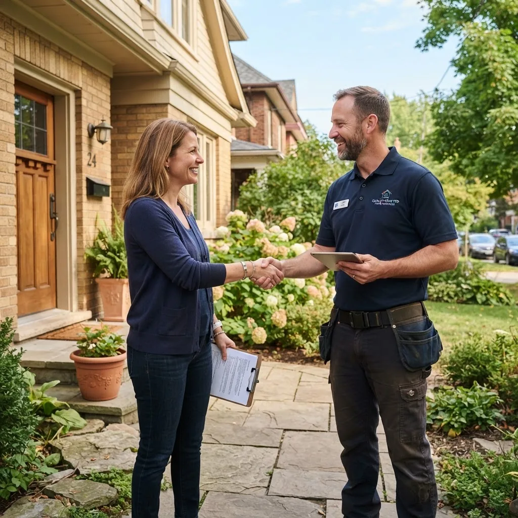 A bright, inviting photo of a homeowner shaking hands with a smiling tradesman outside a residential home in daylight, demonstrating trust