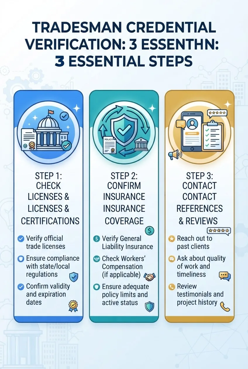 A clean, three-step infographic illustrating tradesman credential verification: Step 1 - Checking licenses with government icons, Step 2 -