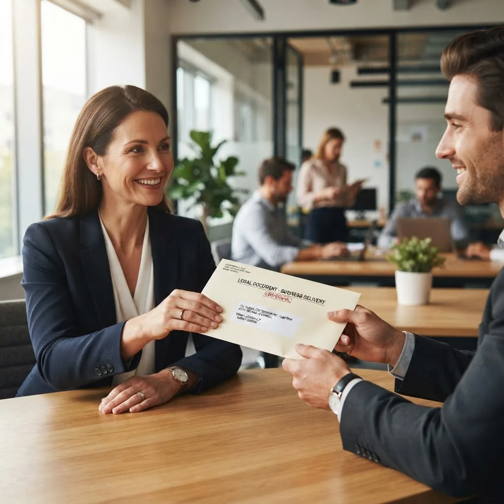 a Close-up of a professional person handing over a legal document envelope labeled for business delivery, warm natural light, modern office