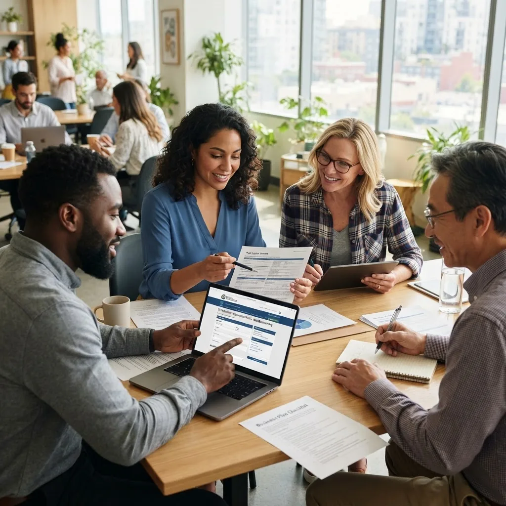a diverse group of small business contractors reviewing paperwork and a laptop screen showing a state business registration website, indoor