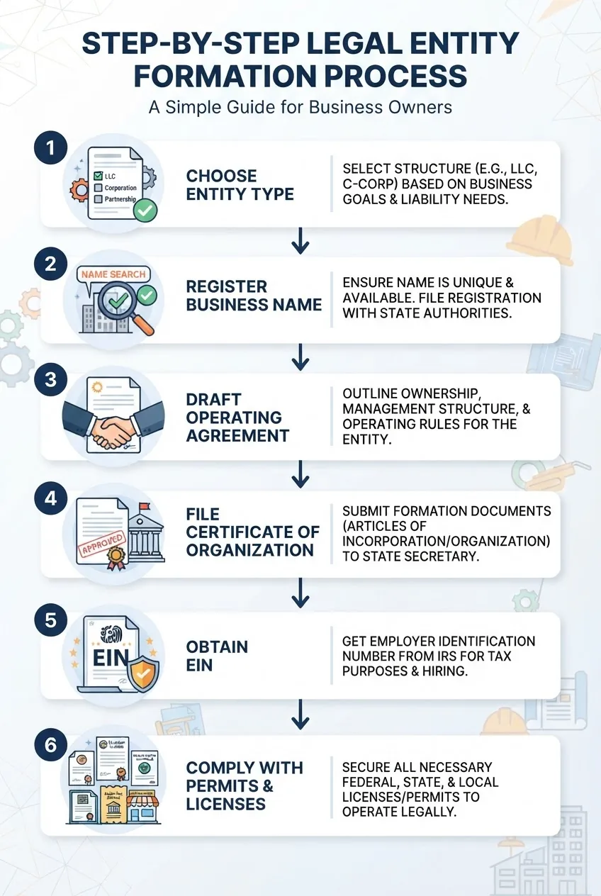 An infographic with a vertical flowchart illustrating the process of forming a legal entity: Step 1 - Choose Entity Type (icon of