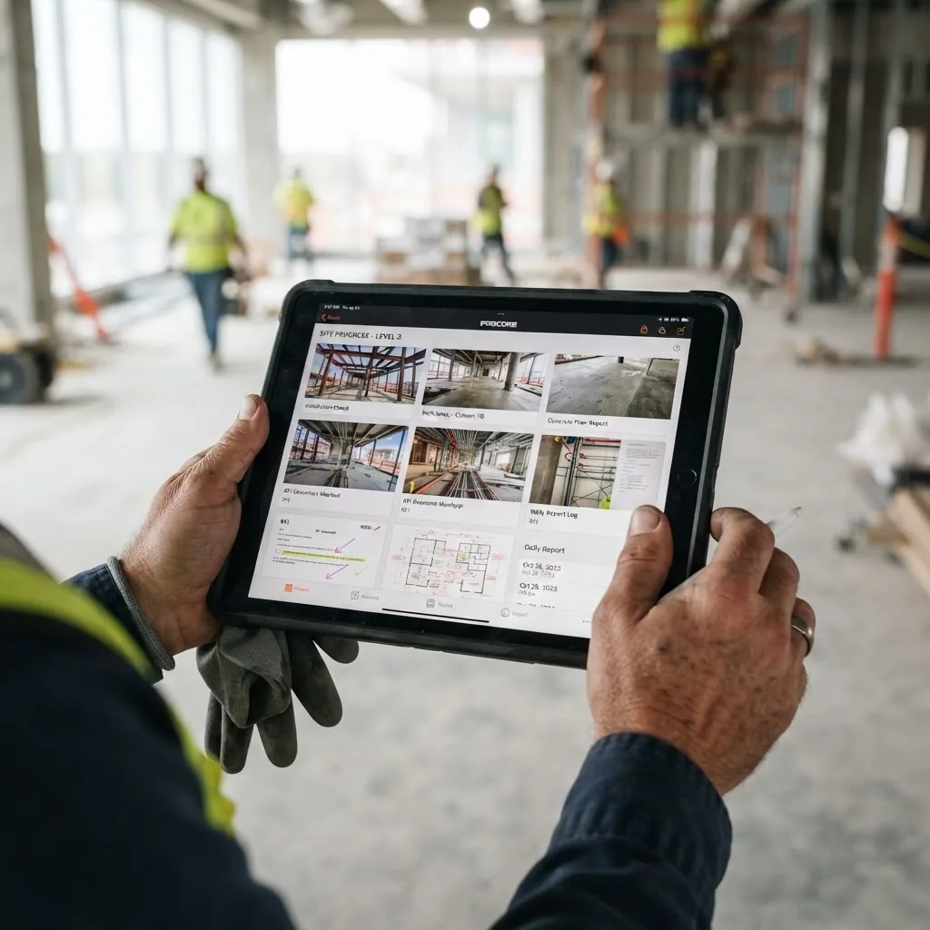 Close-up of a contractor’s hands holding a digital tablet displaying construction site photos and documents, with a construction site