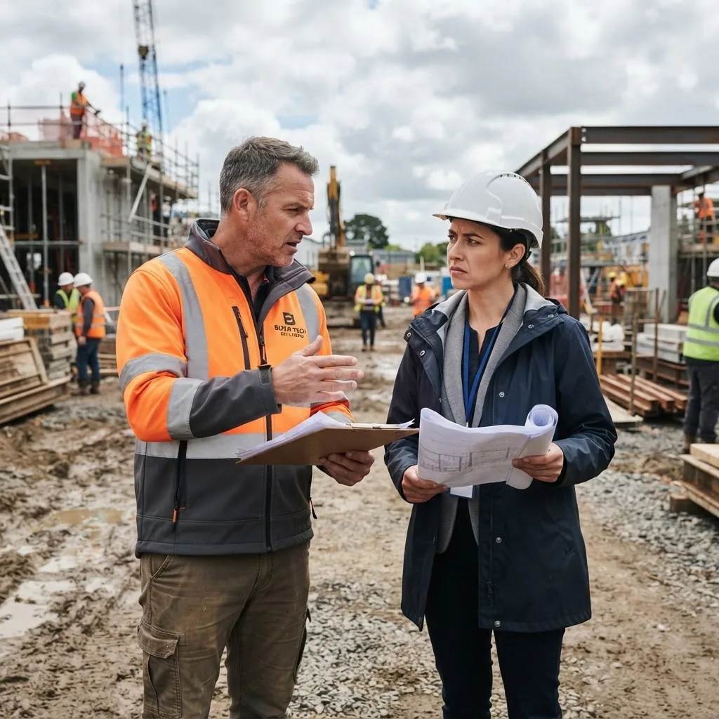A construction site showing a contractor and client in a tense discussion, with a slightly cloudy sky, daytime outdoor setting, medium shot