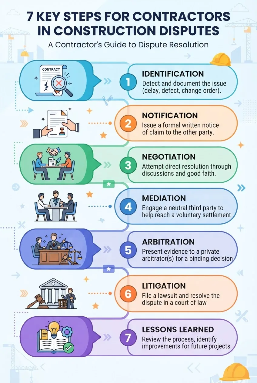 A vertical infographic illustrating 7 key steps for contractors handling construction disputes: identification, notification, negotiation,