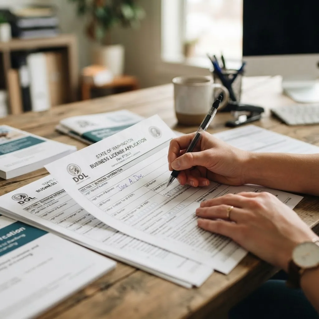 Close-up photo of hands filling out official business license application forms with a pen on a wooden desk, with Washington State