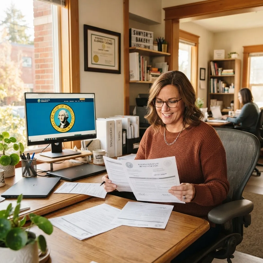 Photograph of a small Washington state business owner at a desk reviewing official licensing documents in a brightly lit office setting,