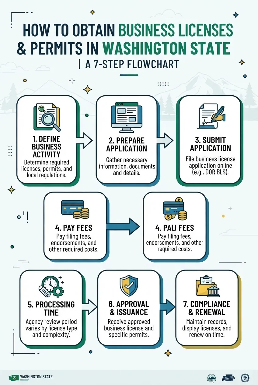 Infographic showing a linear step-by-step flowchart for obtaining business licenses and permits in Washington State, with 7 steps including