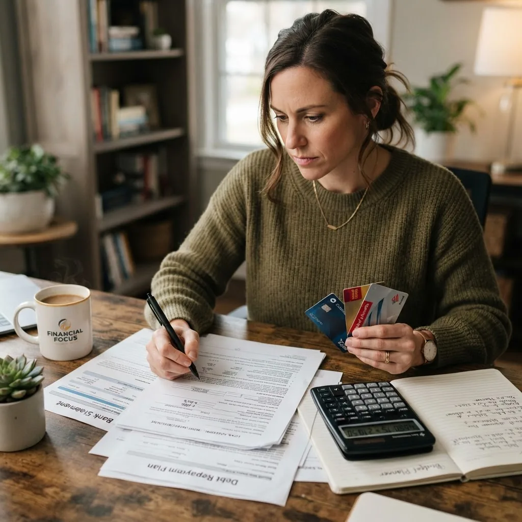 a person holding various loan documents and credit cards, sitting at a desk with a pen, calculator, and coffee cup, showing decision-making
