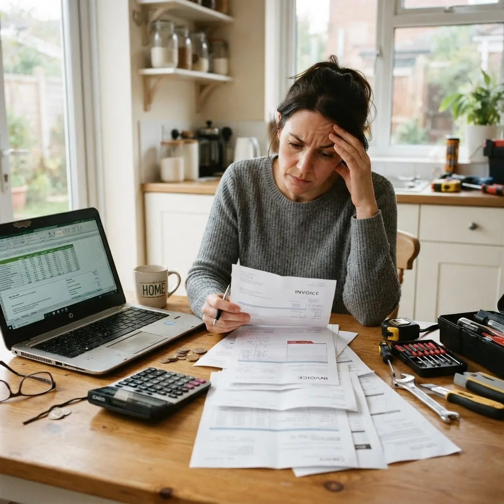 a worried homeowner reviewing repair bills at a kitchen table with a calculator, laptop, and visible home repair tools nearby, natural