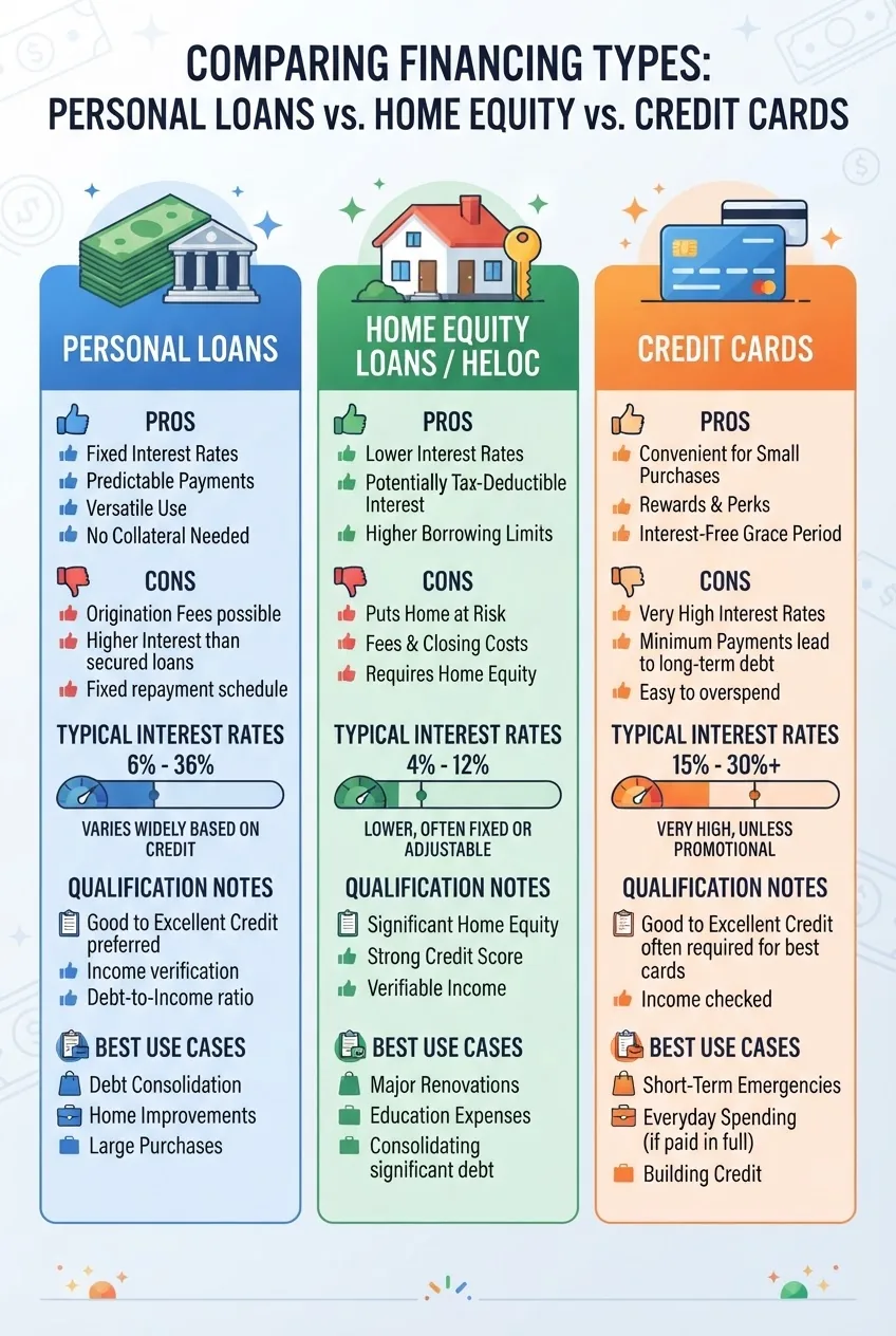 with a 3-column comparison of financing types: personal loans, home equity loans/HELOC, and credit cards; each column should include an