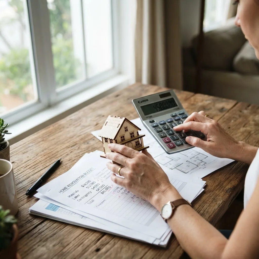 a person’s hands holding a house model and a calculator, with paperwork and a pen on a wooden desk, daylight from window illuminating,