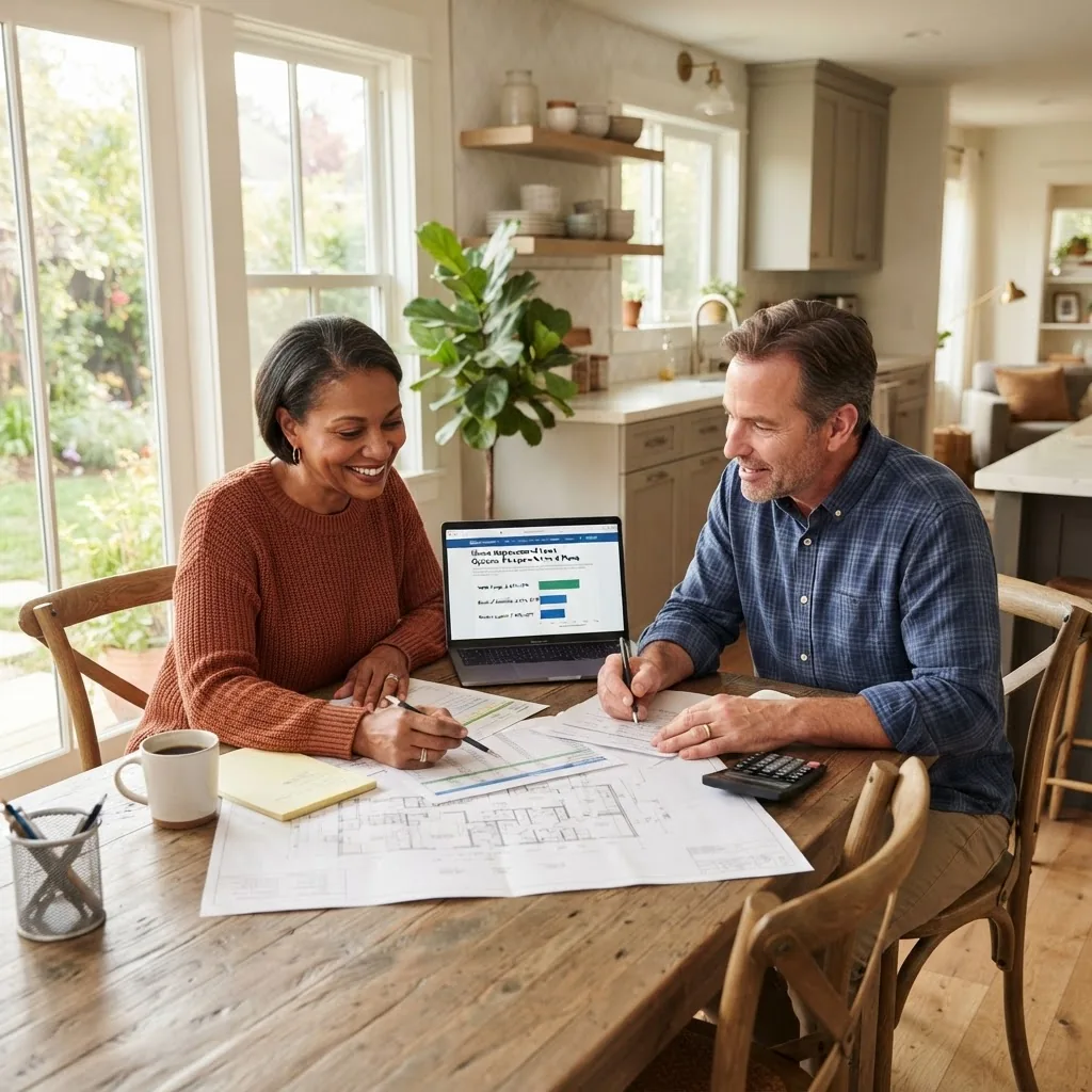 a diverse middle-aged couple sitting at a kitchen table reviewing home renovation plans and budgeting paperwork, with a laptop open