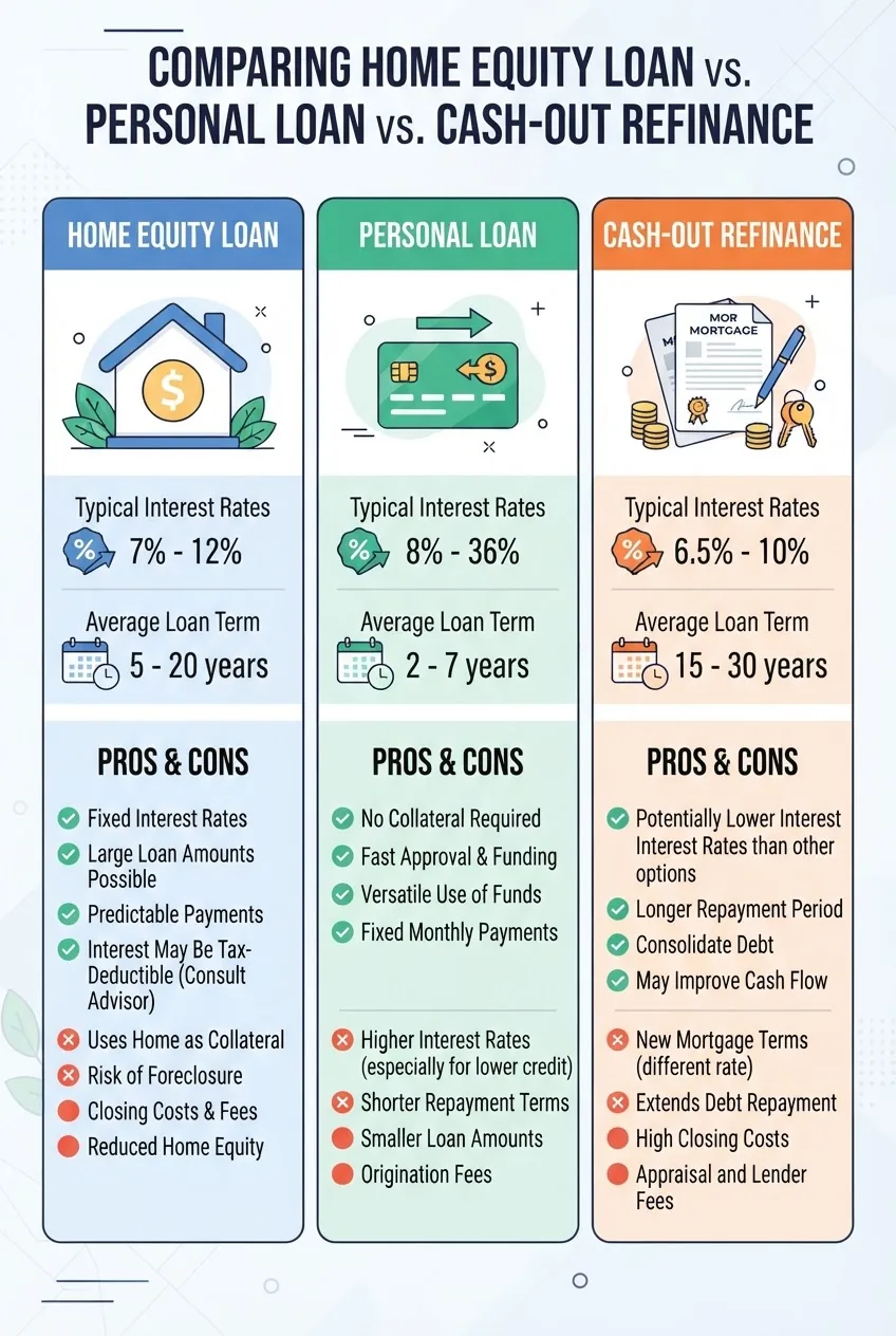 A clean infographic with a three-column layout comparing Home Equity Loan, Personal Loan, and Cash-Out Refinance; each column contains an