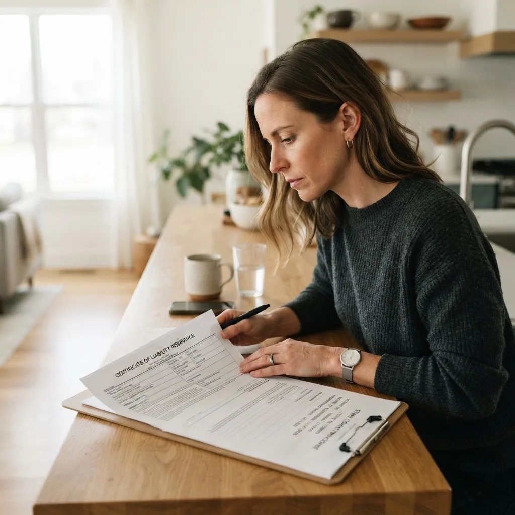 A close-up photo of a homeowner reviewing a contractor’s certificate of insurance and license documents at a kitchen table, natural