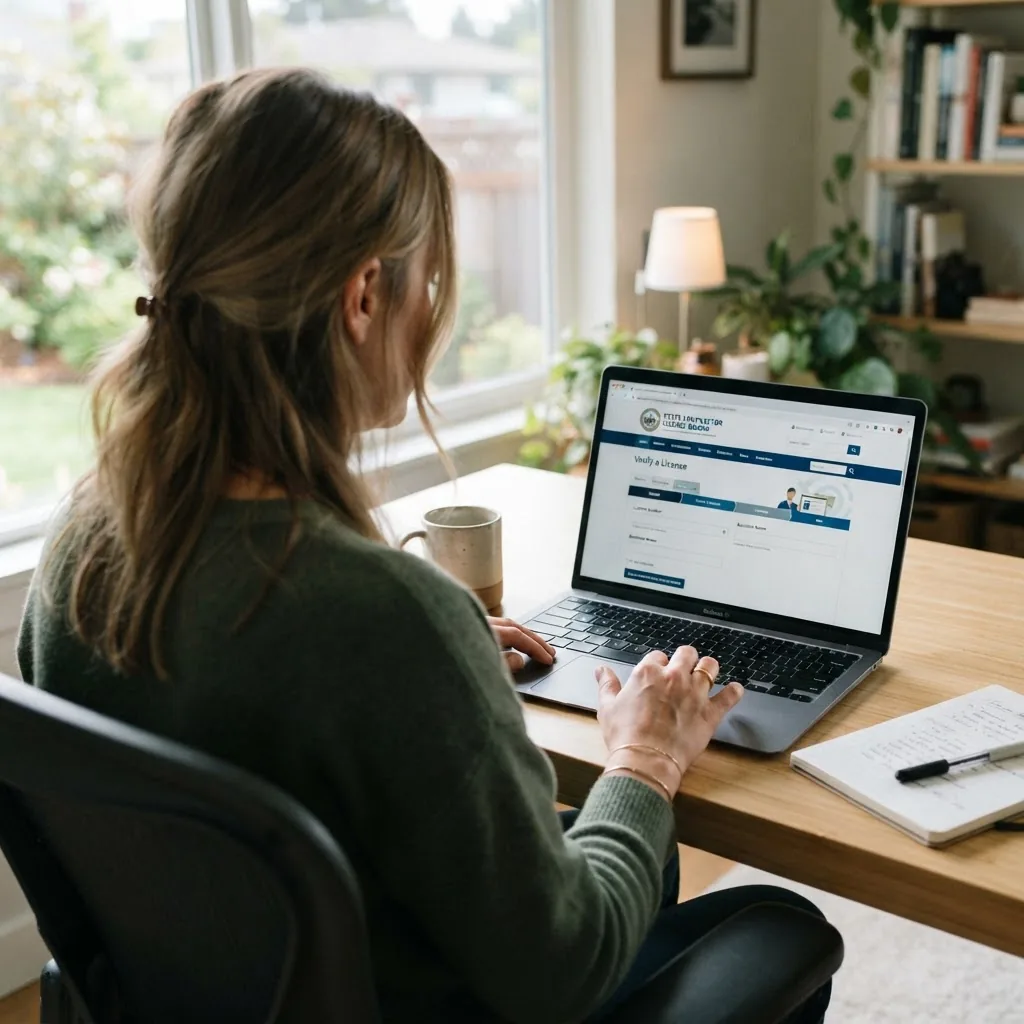 Over-the-shoulder shot of a user navigating an official state contractor licensing verification website on a laptop, bright daylight,