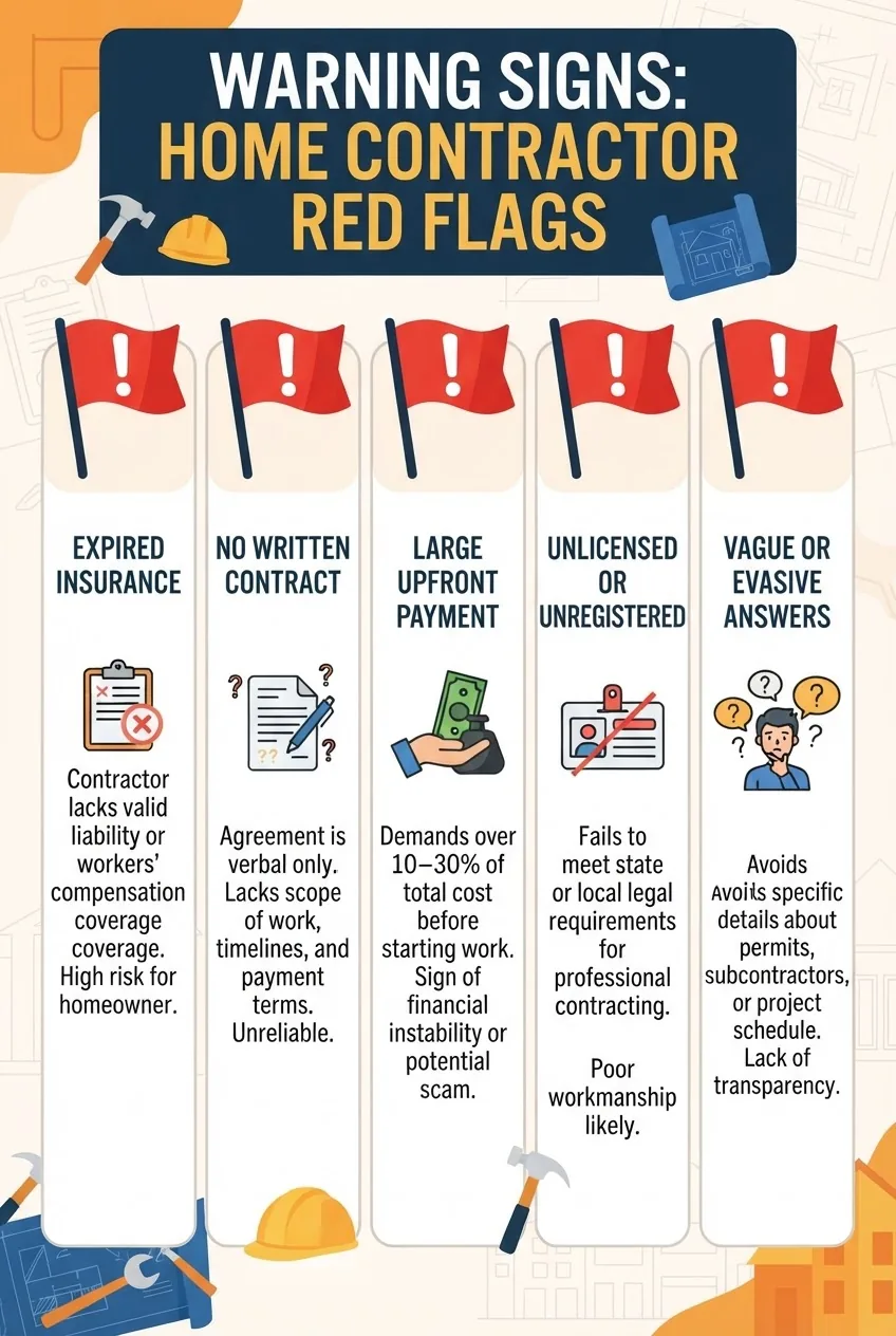 Infographic with five columns each displaying a red flag icon, a short heading (e.g., “Expired Insurance”), and a brief explanation below,