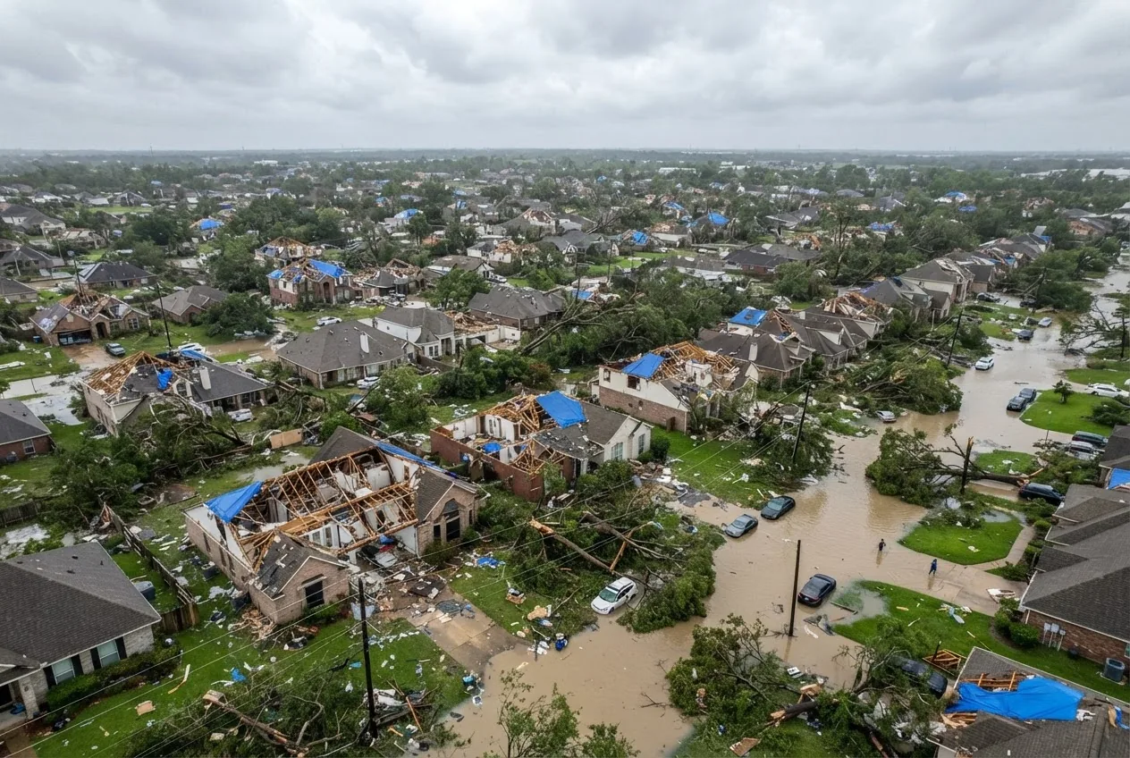 Aerial view of a residential neighborhood severely impacted by a hurricane showing damaged roofs, fallen trees, flooded streets in daylight