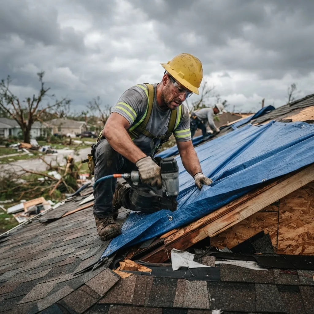 Close-up of a contractor wearing safety gear applying tarping material over a damaged roof under cloudy skies, capturing focused work to