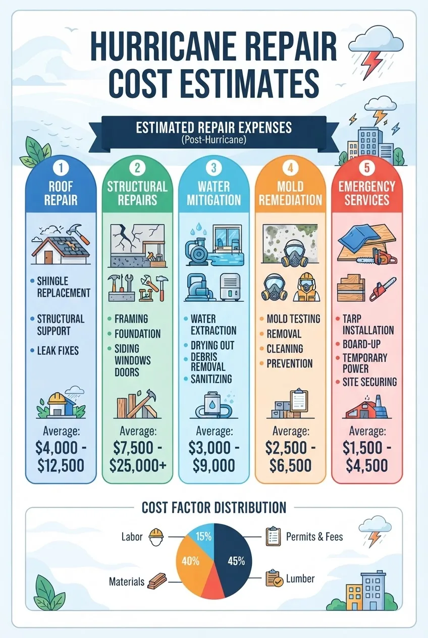 A structured infographic showing a multi-column breakdown of hurricane repair costs: columns for roof repair, structural repairs, water