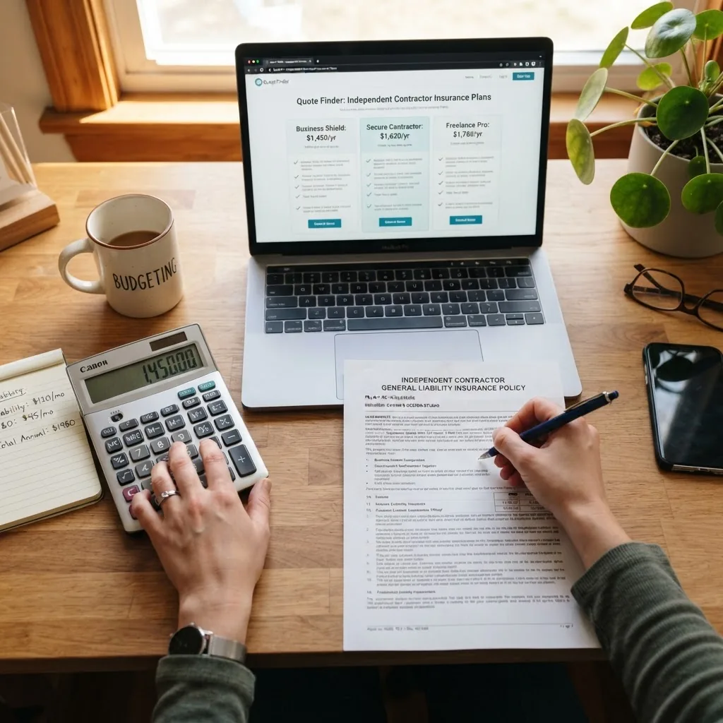 Overhead shot of a desk with an independent contractor’s insurance policy, a calculator, and a laptop displaying insurance quotes, warm