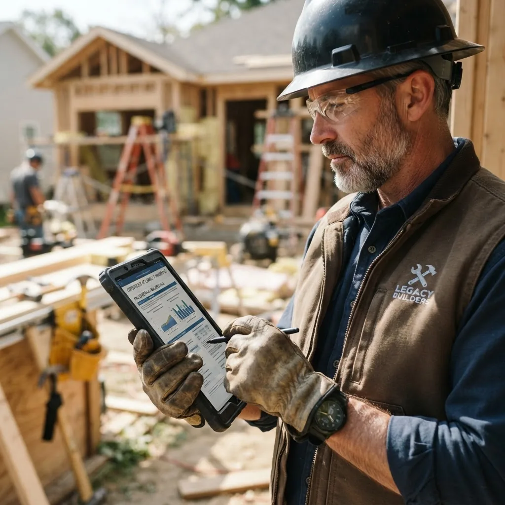 Close-up photo of a self-employed residential contractor (wearing work gloves and holding a digital tablet) reviewing insurance documents