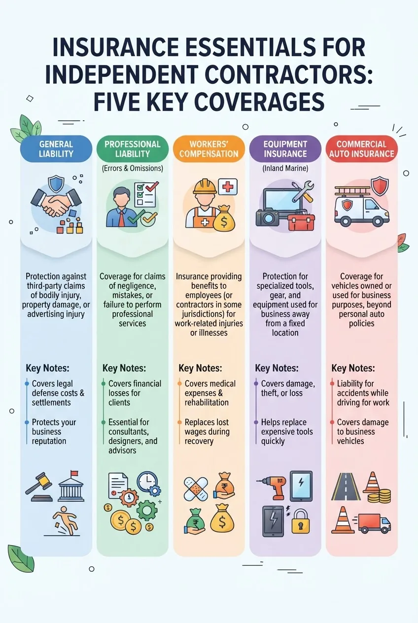 Infographic showing five insurance coverage types for independent contractors: general liability, professional liability, workers’