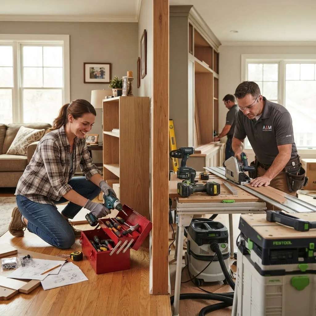 a side-by-side view of a homeowner with toolbox preparing DIY installation contrasted with a professional installer working with