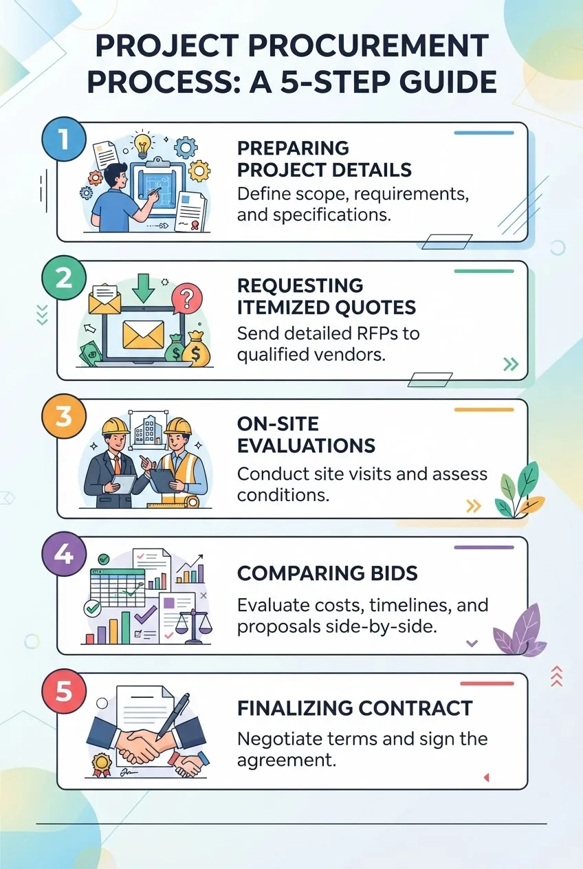 is a vertical layout divided into five numbered steps: 1) Preparing project details, 2) Requesting itemized quotes, 3) On-site evaluations,