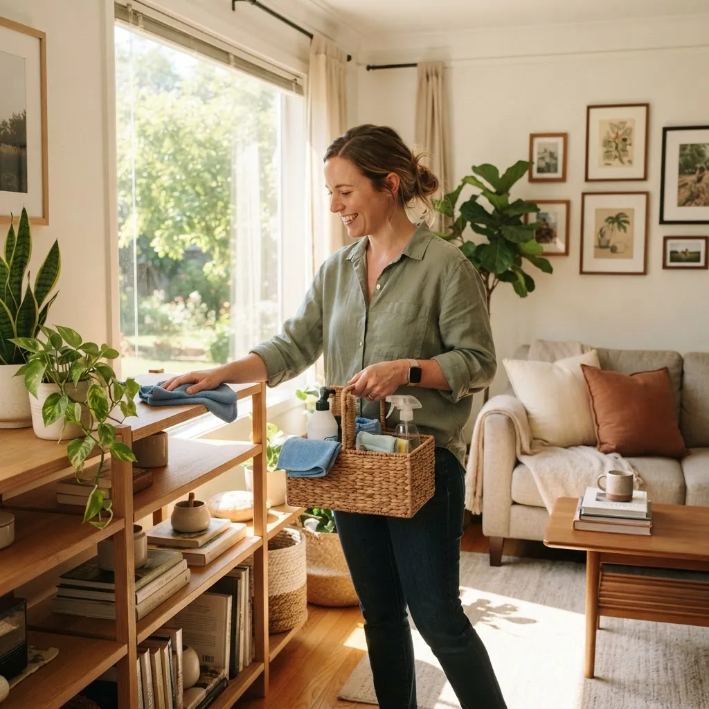 A bright, tidy home interior scene showing a person organizing a living room with sunlight streaming in, holding a cleaning cloth and