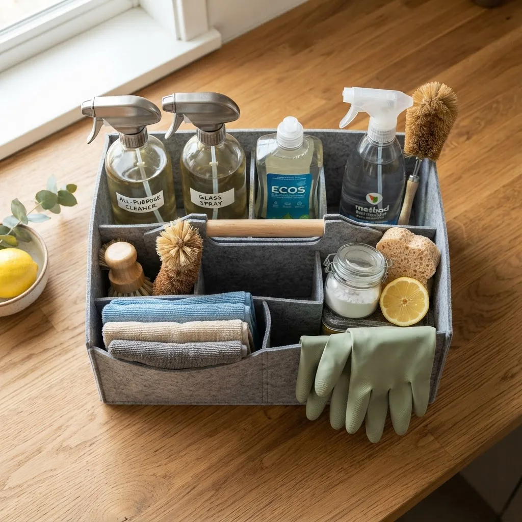 Overhead shot of an organized cleaning caddy containing various eco-friendly cleaning products, microfiber cloths, brushes, gloves, and
